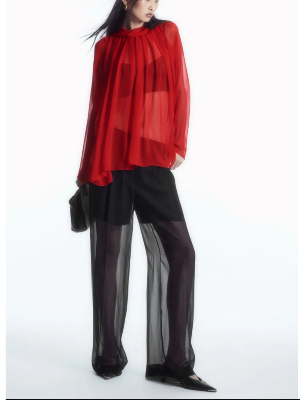 COS 100%silk Red Sheer Long-Sleeve Pleated Blouse